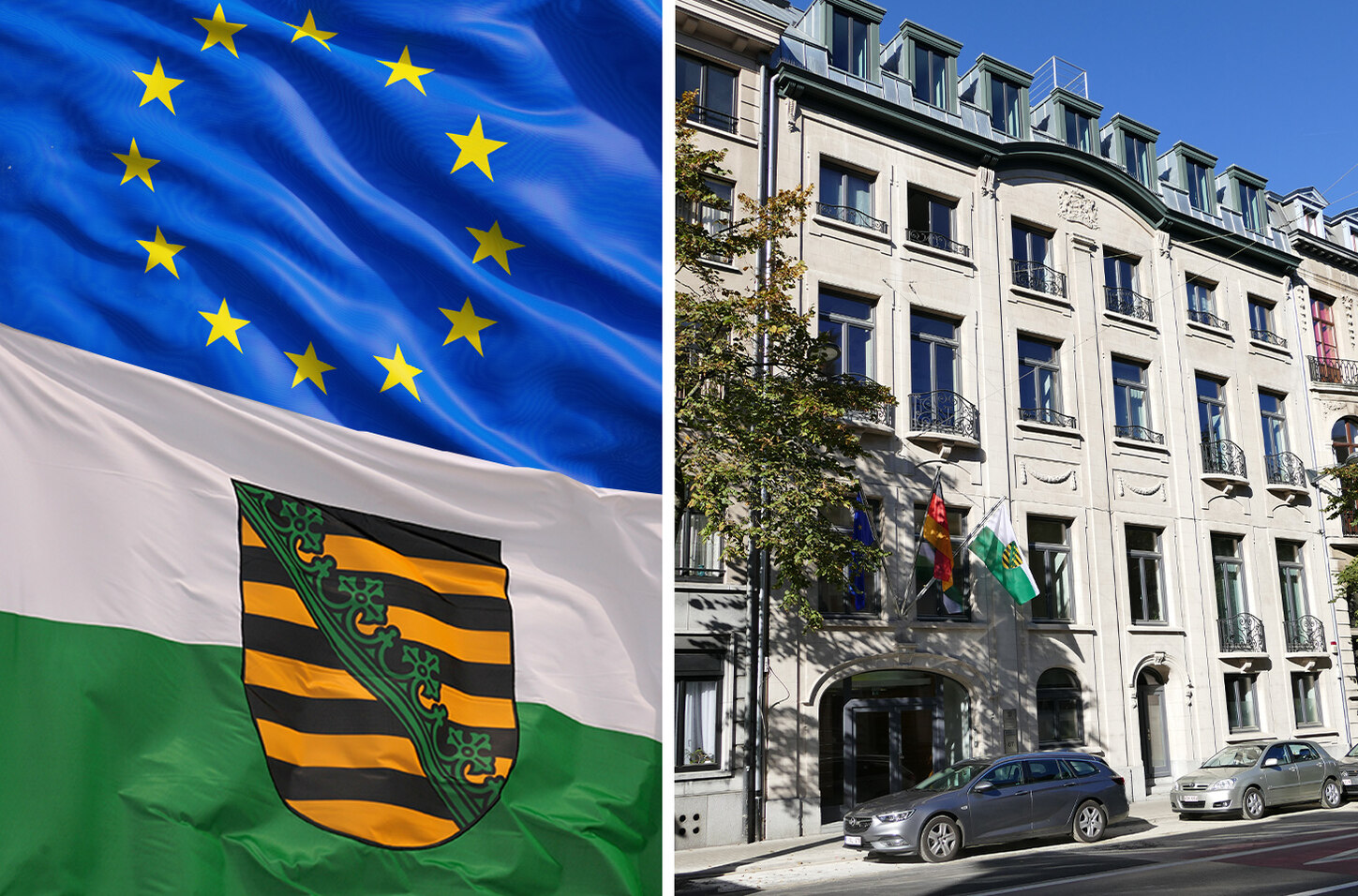 Splitscreen: Links Fahnen Sachsen und Europa, rechts Gebäude des Verbindungsbüros