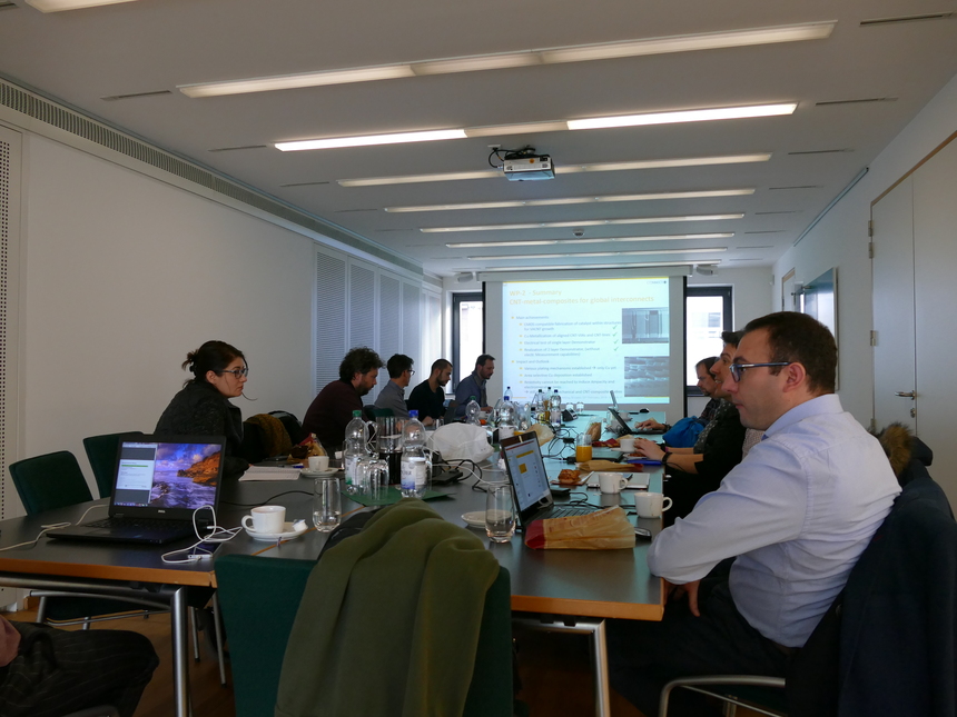 Frauen und Männer sitzen am Konferenztisch mit Laptops, im Hintergrund wird die Präsentation auf die Leinwand projeziert.