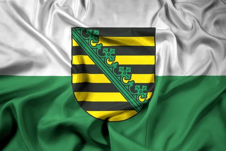 Grün-weiße Sachsenflagge mit Sachsenwappen.