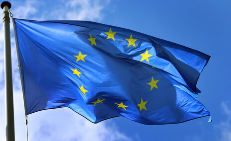 Wehende Europaflagge: 12 goldene Sterne auf blauem Untergrund.